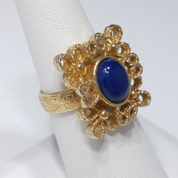 Sarah Coventry Victoria Blue Ring Gold Tone Open Weave Adjustable 1970s - Picture 2 of 10